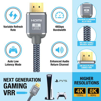 5M HDMI 2.1 Cable Certified | 8K Ultra High Speed | 4K@120Hz | Grey Alloy Head