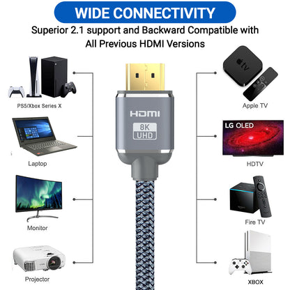 2M HDMI 2.1 Cable Certified | 8K Ultra High Speed | 4K@120Hz | Grey Alloy Head