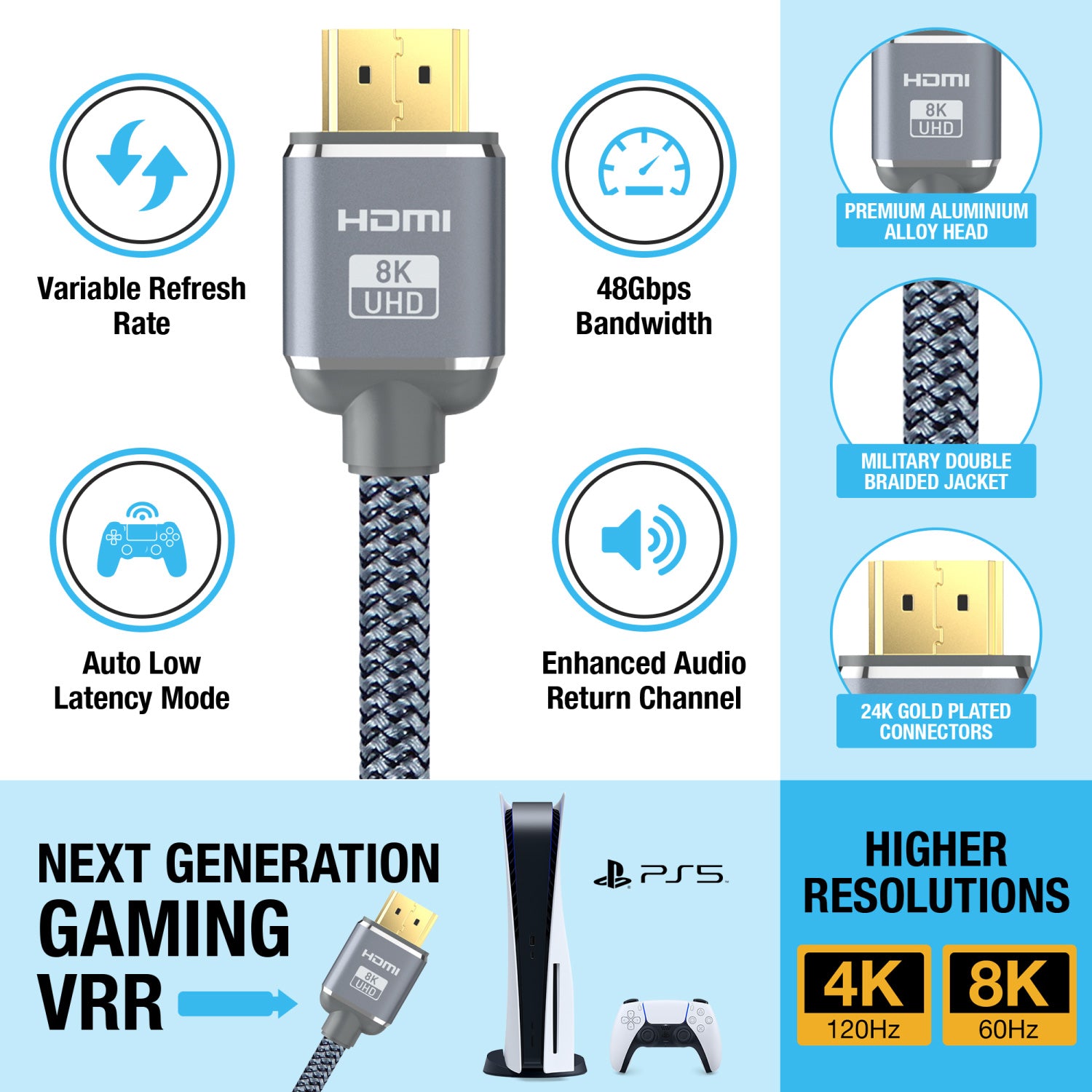 2M HDMI 2.1 Cable Certified | 8K Ultra High Speed | 4K@120Hz | Grey Alloy Head