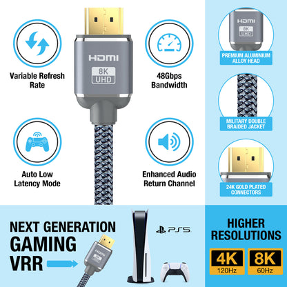 2M HDMI 2.1 Cable Certified | 8K Ultra High Speed | 4K@120Hz | Grey Alloy Head